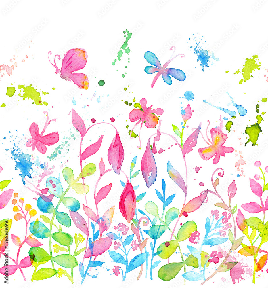 Happy and bright floral seamless pattern with hand drawn watercolor flowers and leaves