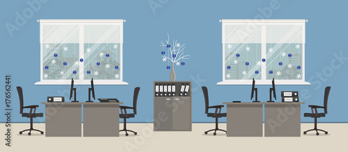 Blue office room, decorated with Christmas decoration. There are desks, chairs, computers, a cabinet with folders and other objects in the picture. Vector illustration
