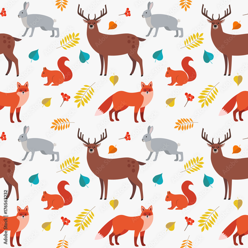 Seamless pattern of forest animals and plants: fox, deer, hare, squirrel and autumn leaves isolated on white background. Colorful vector background. Illustration of wild animals Seamless pattern of forest animals and plants: fox, deer, hare, squirrel and autumn leaves isolated on white background. Colorful vector background. Illustration of wild animals