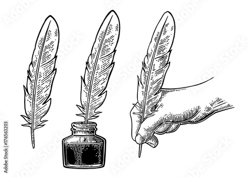 Inkwell and female hand holding a goose feather. Vector engraving