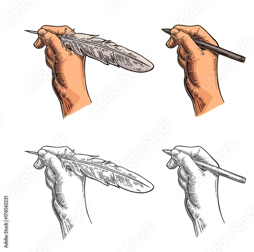 Female hand holding a goose feather and pencil. Vector color vintage engraving
