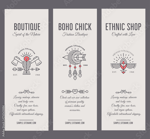 Set of vintage card templates in unique bohemian style with archaic elements.