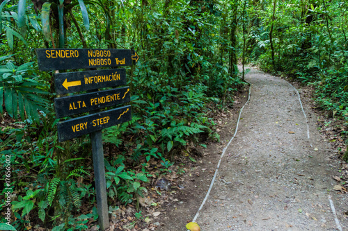 Signs at hiking trails in a cloud forest of Reserva Biologica Bosque Nuboso Monteverde, Costa Rica photo