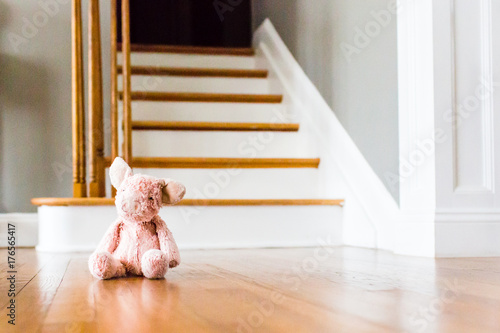 pink pig stuffed animal dropped on hardwood floor photo