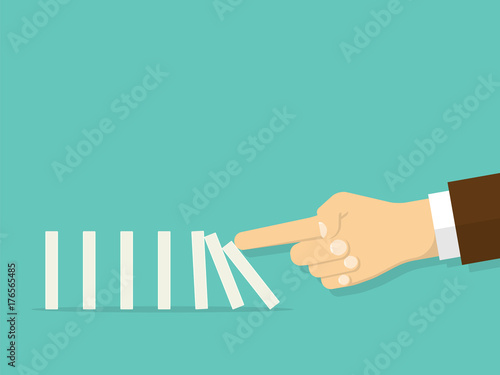 Domino effect. Man hand pushing the domino. Flat design style