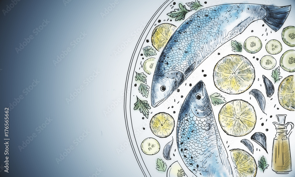 Colorful fish dish drawing Colorful fish dish drawing