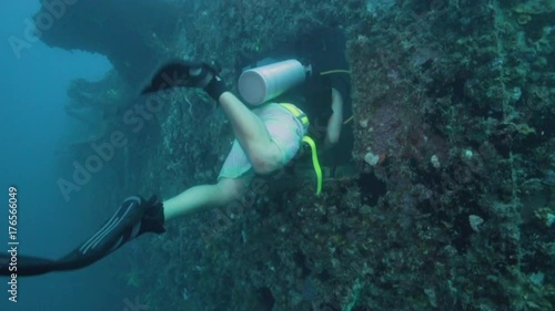 Scuba divers exploring the the USS Spiegel Grove wreck, in the Florida Keys photo