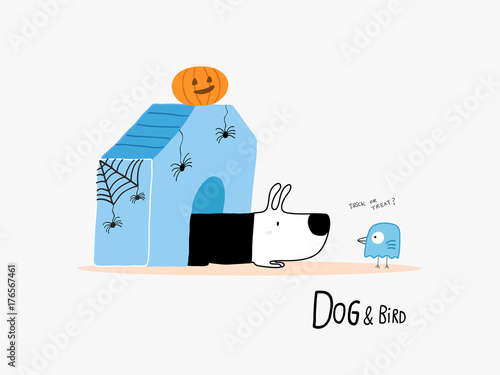 Dog & Bird in Halloween, vector illustration