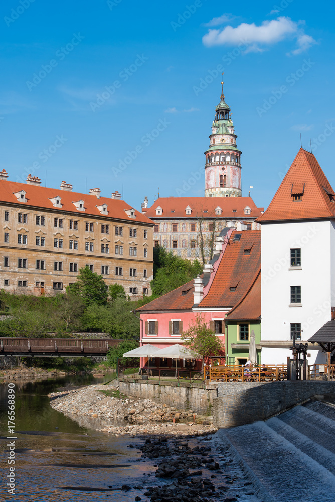 Cesky Krumlov in sunny day with building reflection in the river Cesky Krumlov in sunny day with building reflection in the river