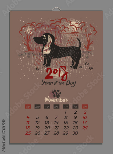 Vector calendar for November 2018. Year of the Dog. Hand drawn illustration and letters for calendar design. The page of a leafy monthly creative calendar.