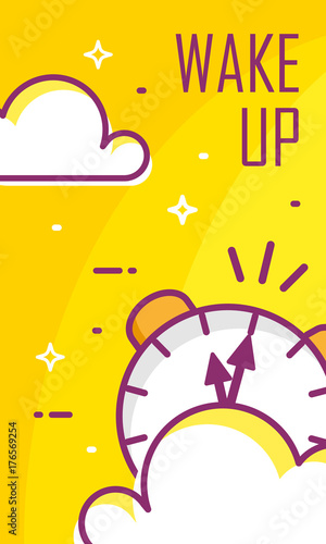 Wake up poster with alarm clock and clouds on yellow background. Thin line flat design. Vector.
