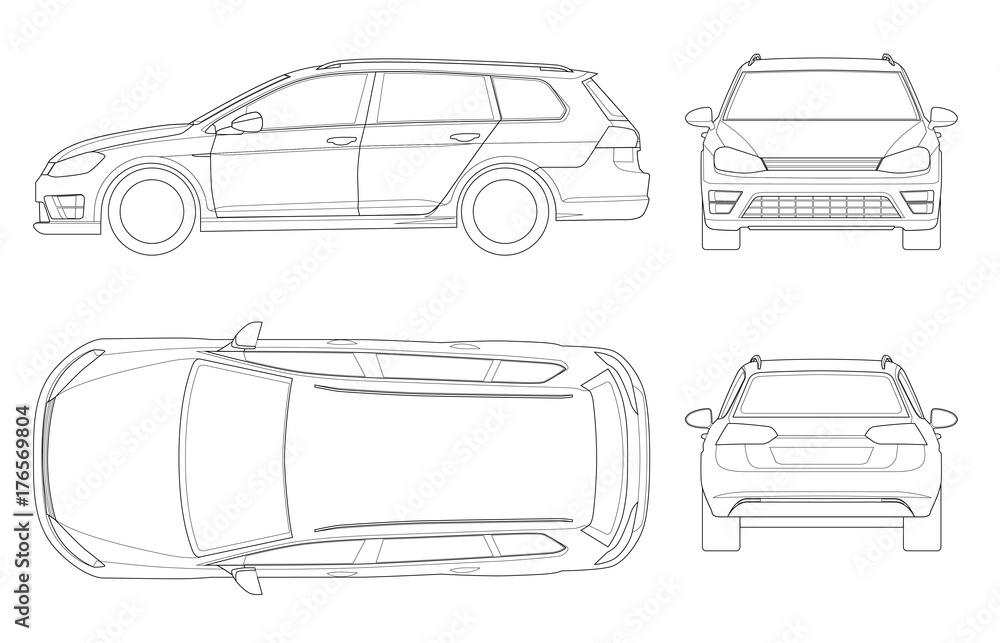 Vector hatchback car in outline. Compact Hybrid Vehicle. Eco-friendly hi-tech auto. Easy to change the thickness of the lines. Template vector isolated on white View front, rear, side, top - obrazy, fototapety, plakaty 