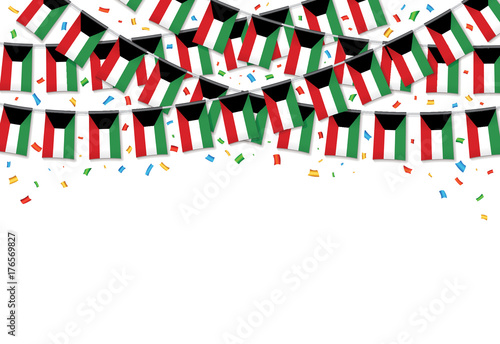 Kuwait flags garland white background with confetti, Hanging bunting for Malaysia National Day celebration template banner, 