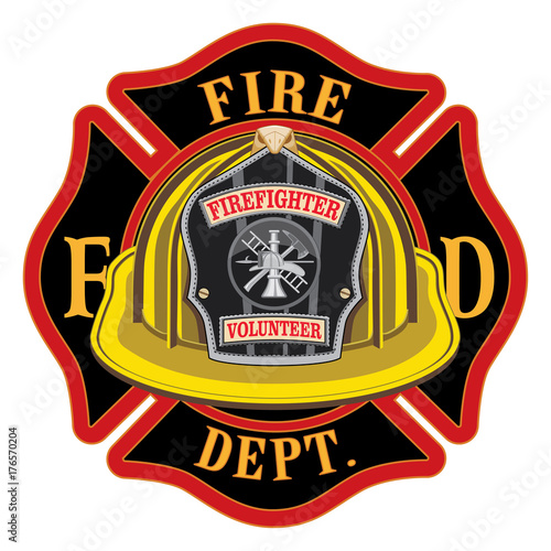 Fire Department Cross Volunteer Yellow Helmet is an illustration of a fireman or firefighter Maltese cross emblem with a yellow volunteer firefighter helmet and badge in the foreground.