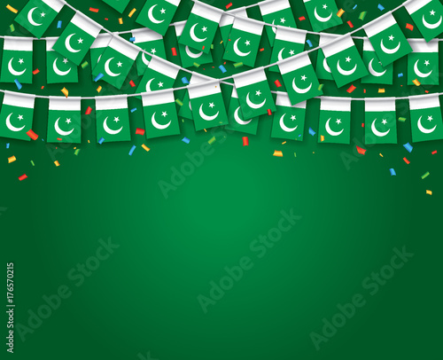 Garland Flags with Dark green Background Banner, Hanging Bunting Flags for Pakistan independence day celebration. Vector illustration