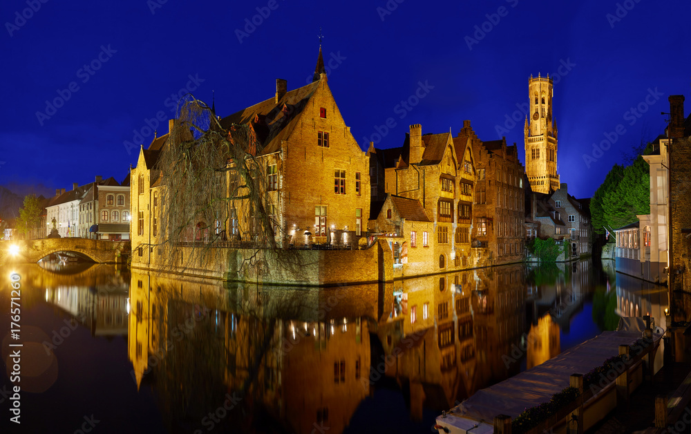 Night panoramic Bruges Canal
