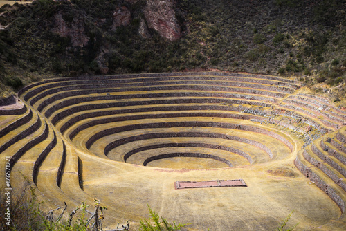 The archaeological site at Moray, travel destination in Cusco region and the Sacred Valley, Peru. Majestic concentric terraces, supposed Inca's food farming laboratory. © fabio lamanna
