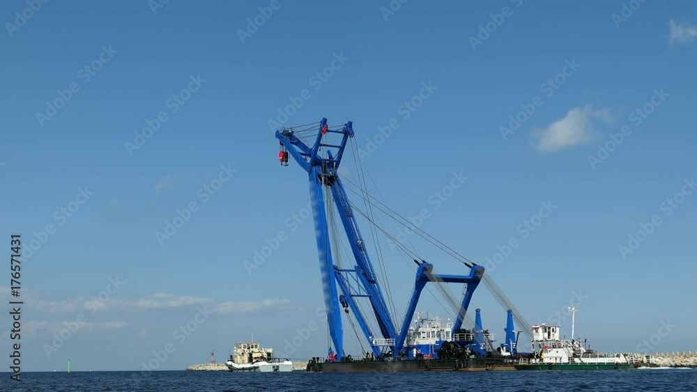 Floating Crane Vessel On A River And Sea Floating Crane Vessel On A River And Sea