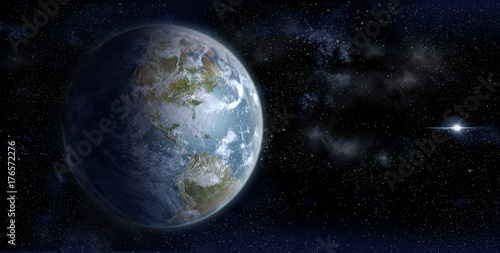 3D Rendering of Earth from space on a starfield backdrop with the North American continent in daylight, for science, business and space-related backgrounds. 