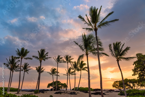 Sunset at Anaeho'omalu Beach with Palm Trees © rschlie