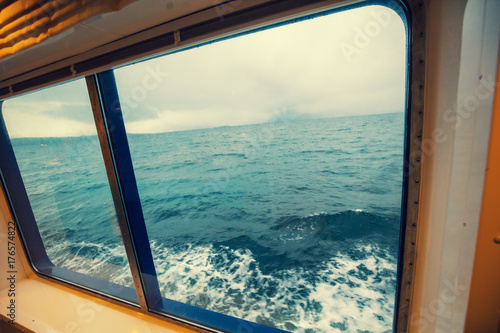 travelling by ship. Sea view from the window