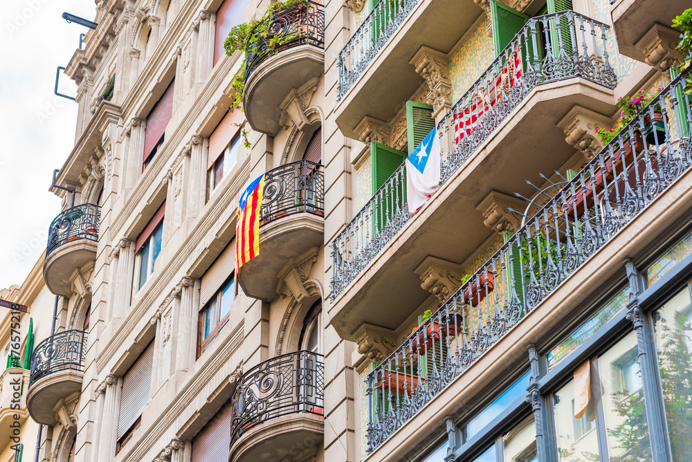View of the balcony with the flags. The referendum on independence, Barcelona, Catalonia, Spain. Close-up.