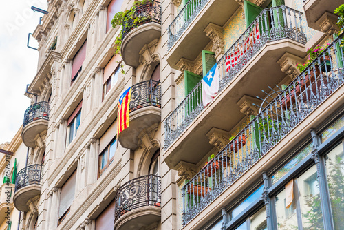 View of the balcony with the flags. The referendum on independence, Barcelona, Catalonia, Spain. Close-up. photo