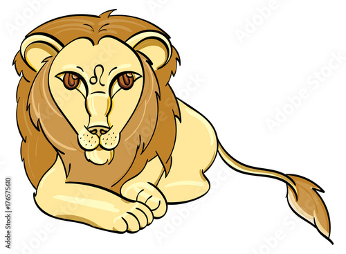 Leo - a golden lion laying down with the symbol of Leo on its forehead.