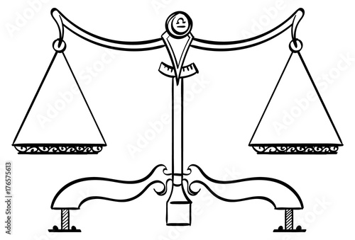 Libra - Balanced scales with the symbol for Libra on it. Outline