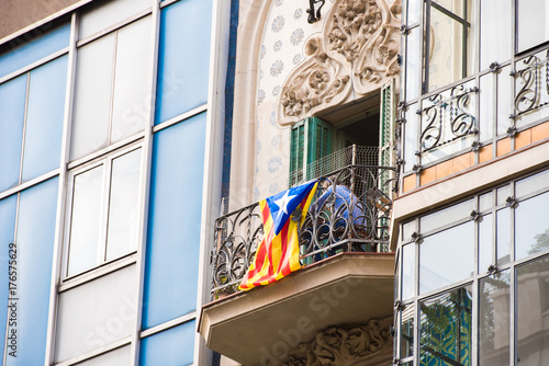 View of the balcony with the flag. The referendum on independence, Barcelona, Catalonia, Spain. Close-up. photo