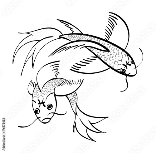 Pisces - two koi fish with the symbol for Pisces on their foreheads. Outline