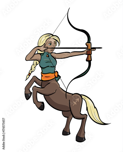 Sagittarius - Centaur aiming a bow and arrow with the symbol for Sagittarius on its hind quarter.