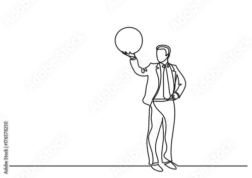 continuous line drawing of business concept - businessman holding globe