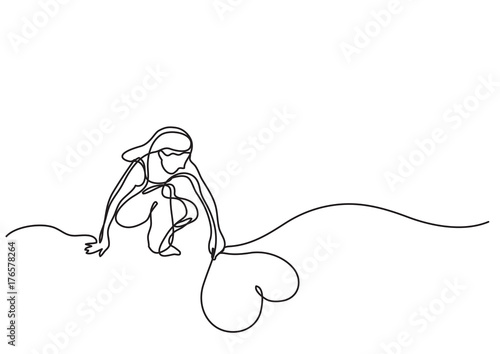 continuous line drawing of business concept - woman drawing heart on sand