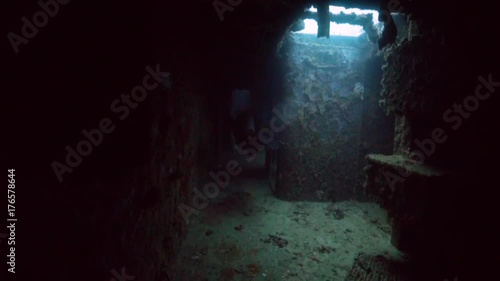 Underwater POV exploring inside the USS Spiegel Grove wreck, in the Florida Keys.  photo