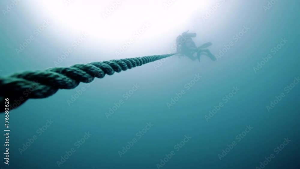 Scuba divers descending down a long rope from a boat into the ocean Scuba divers descending down a long rope from a boat into the ocean