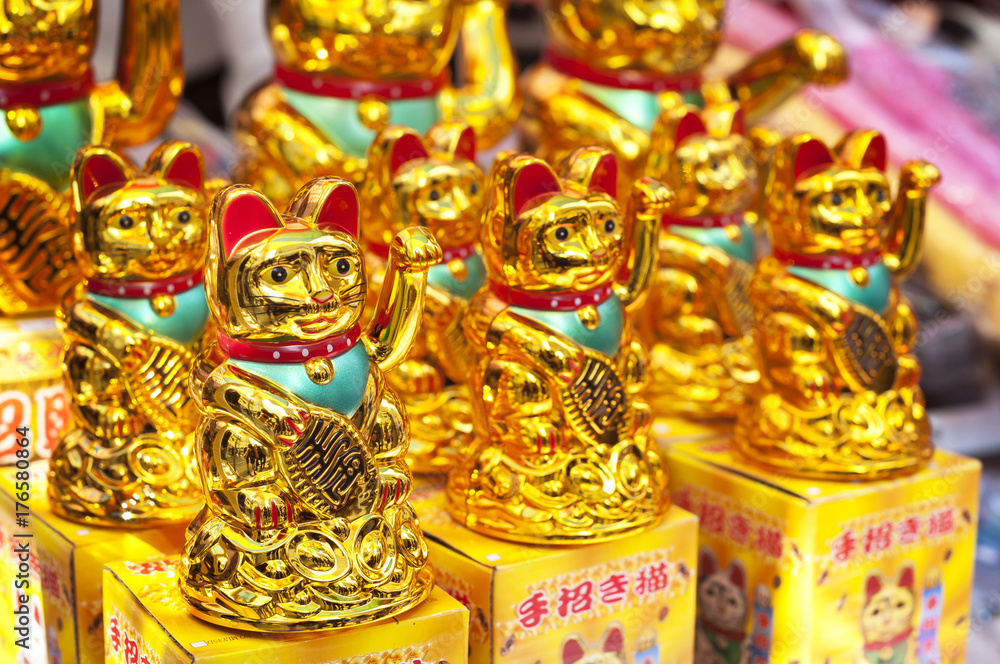 Lucky fortune cats at a Hong Kong market stall