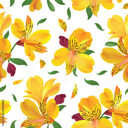 Fototapeta Naklejka Na Ścianę i Meble -  Flower seamless pattern with beautiful yellow alstroemeria lily flowers on white background template. Vector set of blooming floral for wedding invitations and greeting card design. 