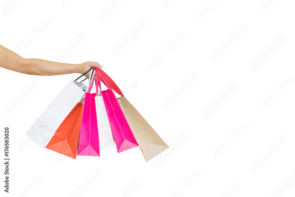 Female walks hands holding shopping bags and credit card white background Clipping path