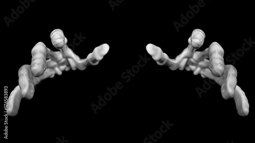 Closeup view of the front two skeleton hands reaching towards the viewer as if to touch or grab.