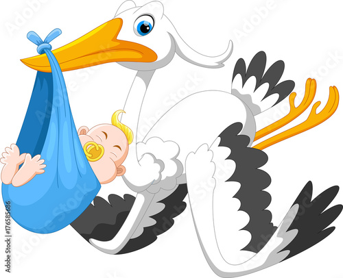 Vector illustration of cute cartoon stork carrying baby