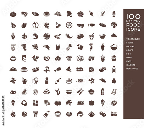 100 healthy food icons for menus, infographics, design elements. Vector illustration