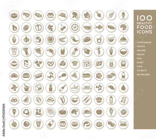 100 healthy food icons for menus, infographics, design elements. Vector illustration