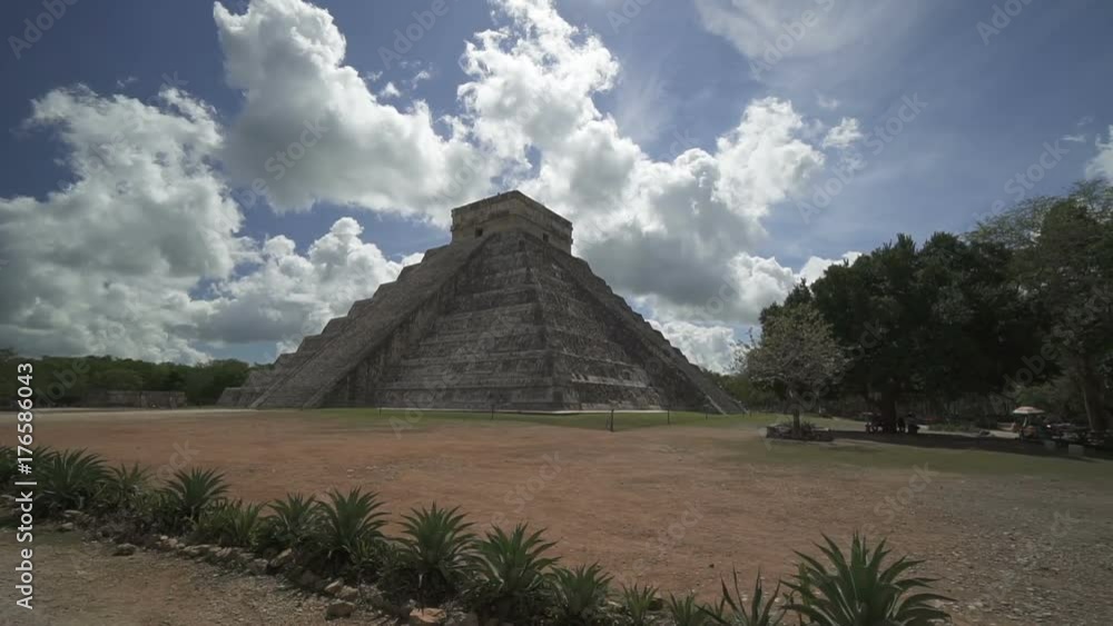 Panoramic view around high Maya pyramid temple on Yucatane peninsula in summer sunny day Panoramic view around high Maya pyramid temple on Yucatane peninsula in summer sunny day