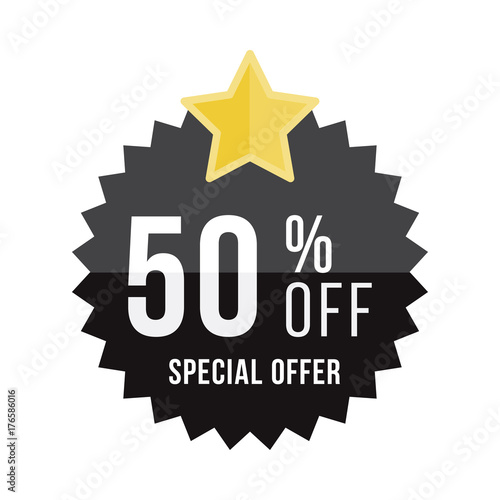 Black sticker and star with 50% off discount. Template of the emblem with special offer flat vector eps 10