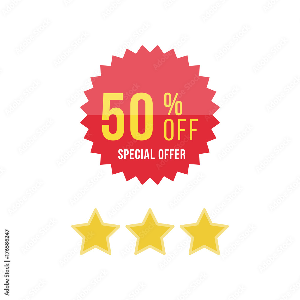 Red sticker and stars with 50% discount. Template of the emblem with special offer flat vector eps 10 Red sticker and stars with 50% discount. Template of the emblem with special offer flat vector eps 10