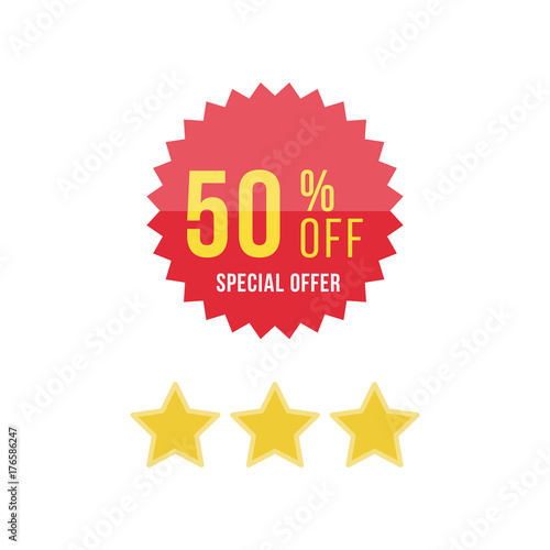 Red sticker and stars with 50% discount. Template of the emblem with special offer flat vector eps 10