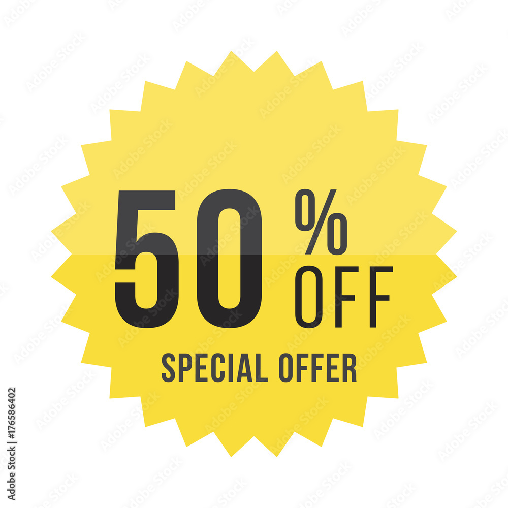 Yellow sticker with 50% discount. Template of the emblem with special offer flat vector eps 10 Yellow sticker with 50% discount. Template of the emblem with special offer flat vector eps 10