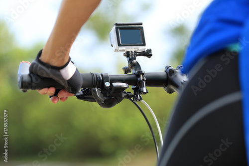 cyclist cycling mountain bike on trail