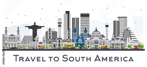 South America Skyline with Famous Landmarks Isolated on White Background.
